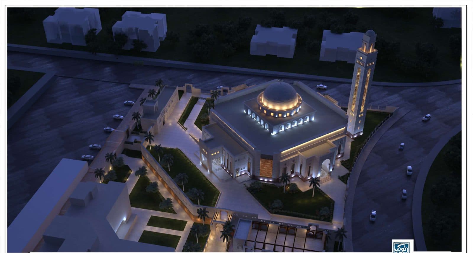 Design render — aerial view of the mosque lit at night
