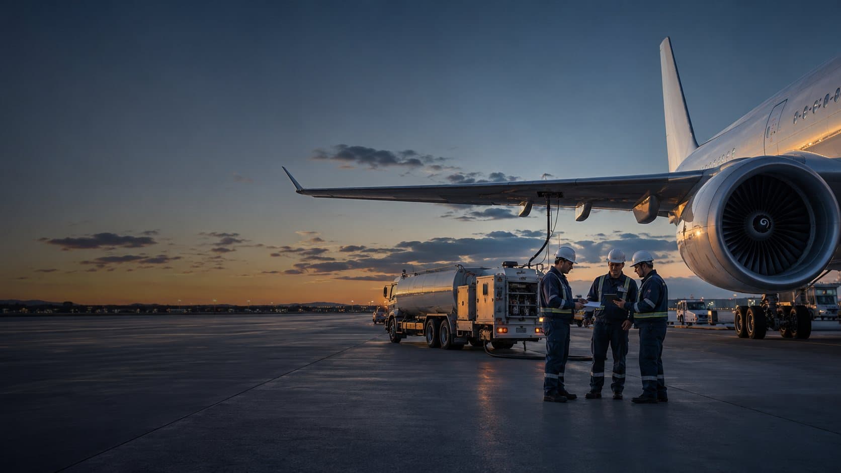 A fuelling crew confers beneath an aircraft wing beside a Jet A1 refueller at dusk